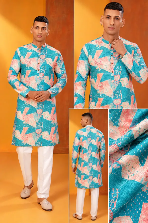 Teal_Coral_Printed_Men_S_Festive_Kurta_Set