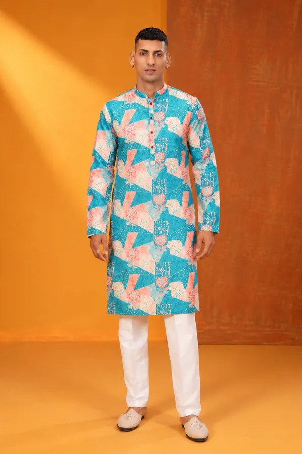 Teal_Coral_Printed_Men_S_Festive_Kurta_Set