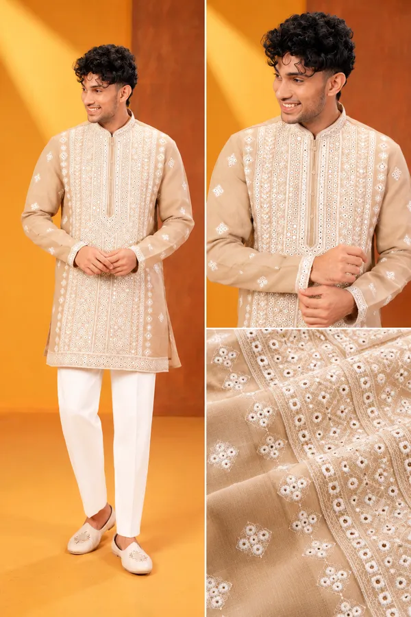 Beige_Embroidered_Festive_Kurta_Set_For_Men
