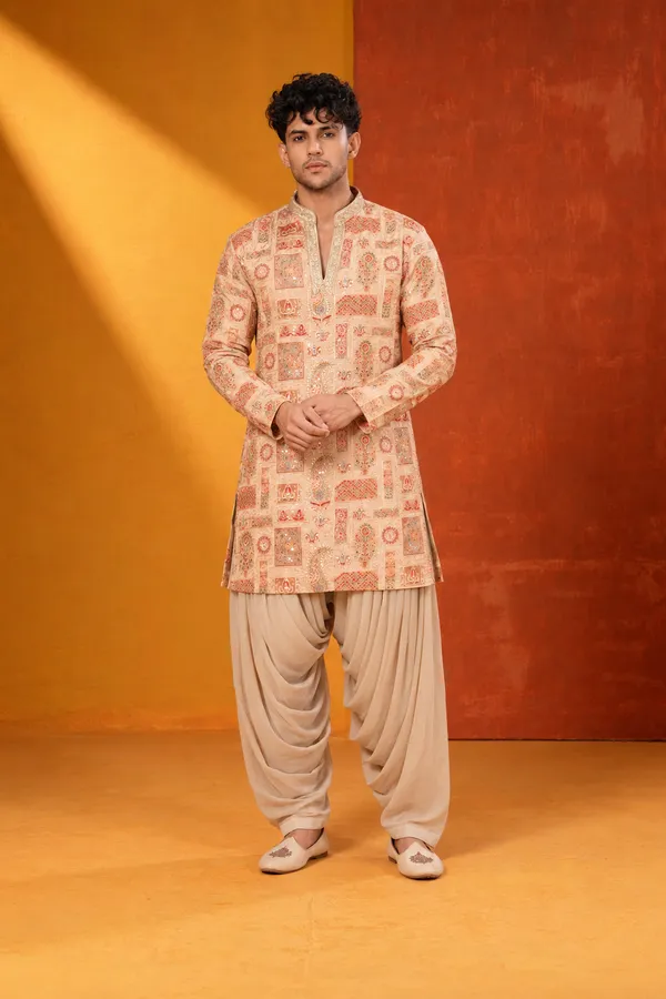 Peach_Embroidered_Indo_Western_Kurta_Set