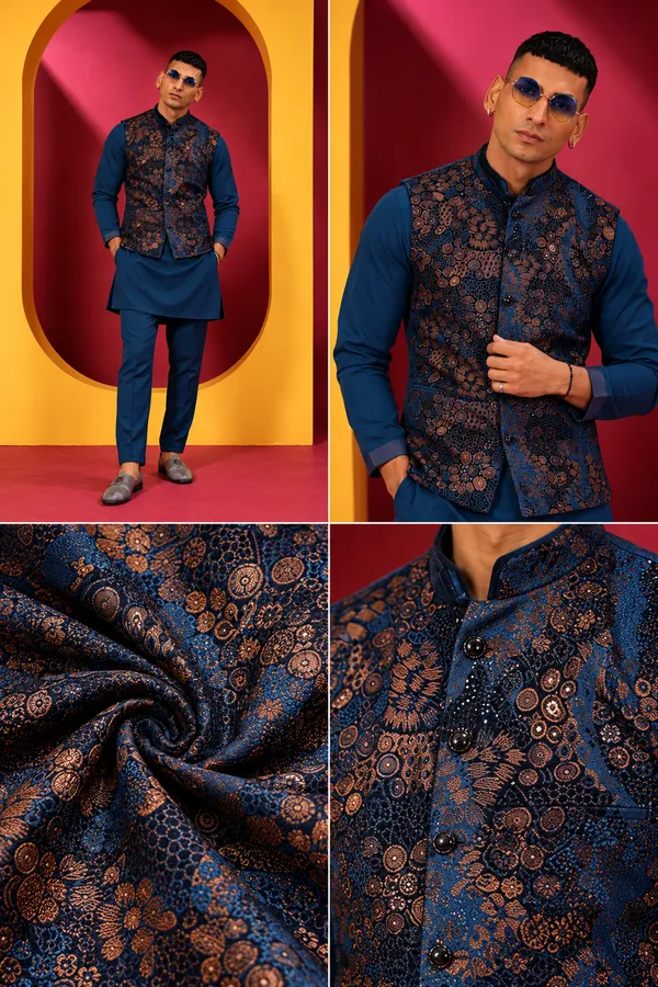 Men_S_Royal_Navy_Blue_Kurta_Pant_Set_With_Floral_Printed_Nehru_Jacket