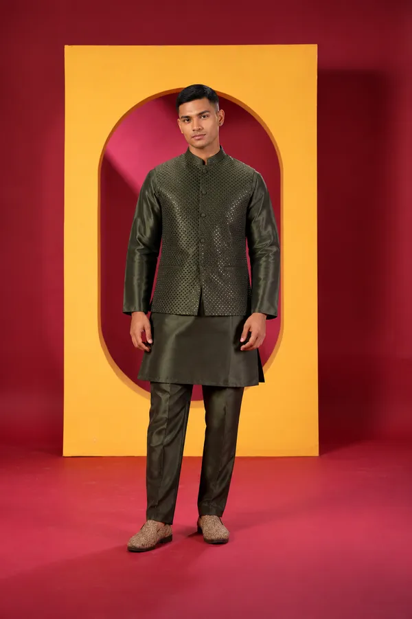 Men_S_Premium_Olive_Green_Kurta_Pant_Set_With_Embellished_Nehru_Jacke