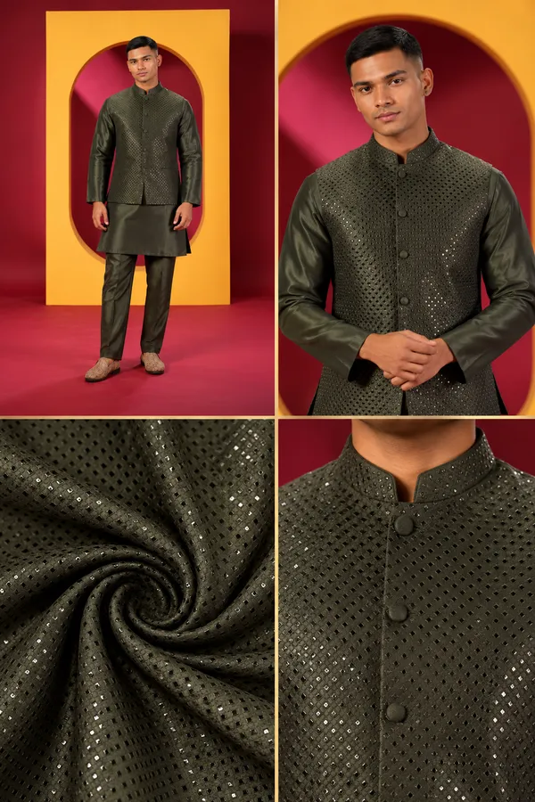 Men_S_Premium_Olive_Green_Kurta_Pant_Set_With_Embellished_Nehru_Jacke