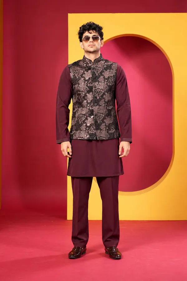 Men_S_Premium_Maroon_Kurta_Pant_Set_With_Floral_Printed_Nehru_Jacket