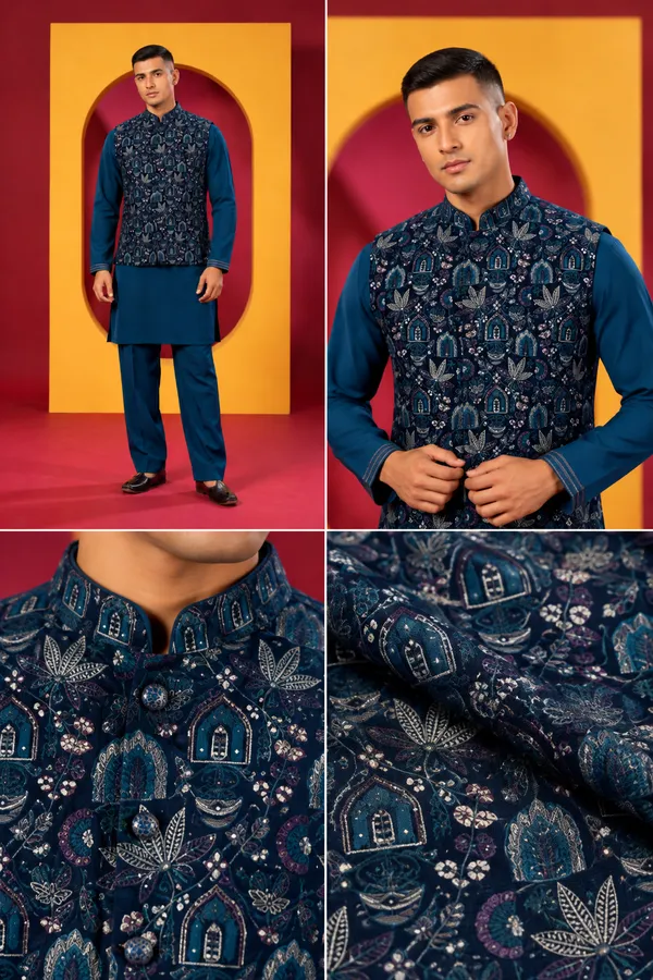 Men_S_Premium_Teal_Blue_Kurta_Pant_Set_With_Designer_Printed_Nehru_Jacket