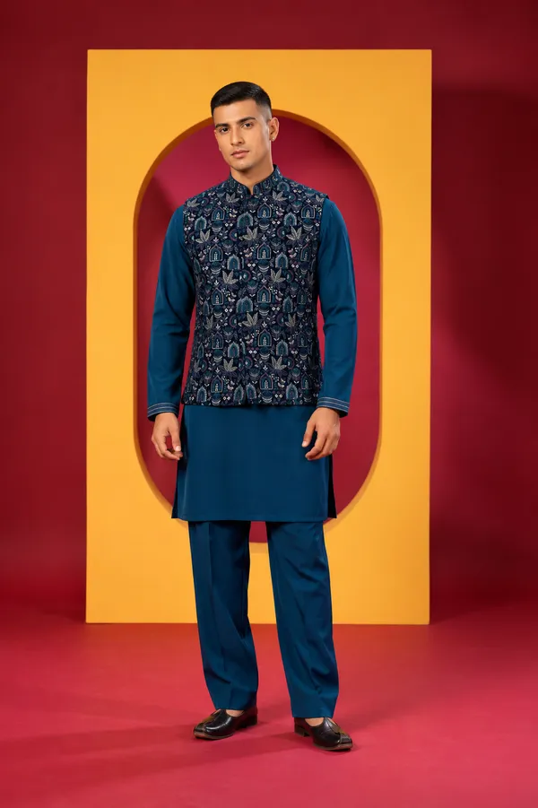 Men_S_Premium_Teal_Blue_Kurta_Pant_Set_With_Designer_Printed_Nehru_Jacket