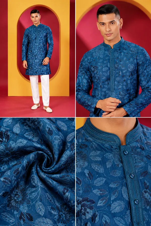 Men_S_Premium_Royal_Teal_Blue_Floral_Printed_Kurta_With_White_Pant_Set