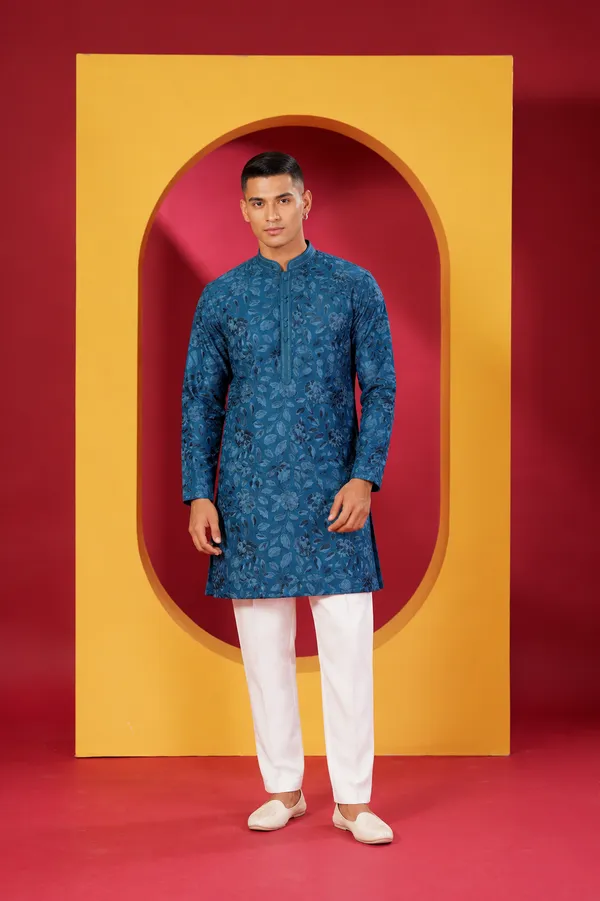 Men_S_Premium_Royal_Teal_Blue_Floral_Printed_Kurta_With_White_Pant_Set