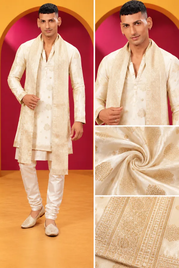 Men_S_Premium_Ivory_Cream_Gold_Embroidered_Kurta_Churidar_Set_With_Matching_Stole