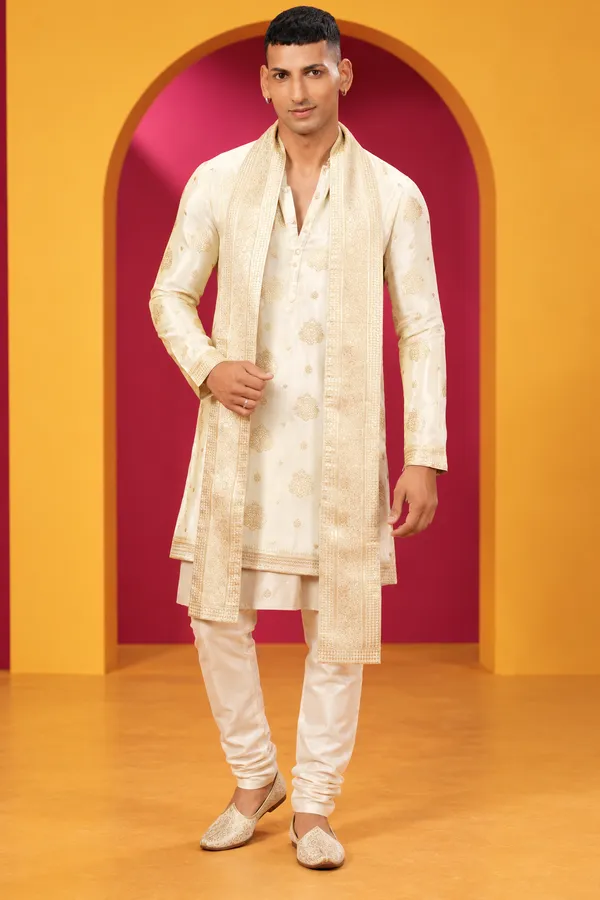 Men_S_Premium_Ivory_Cream_Gold_Embroidered_Kurta_Churidar_Set_With_Matching_Stole
