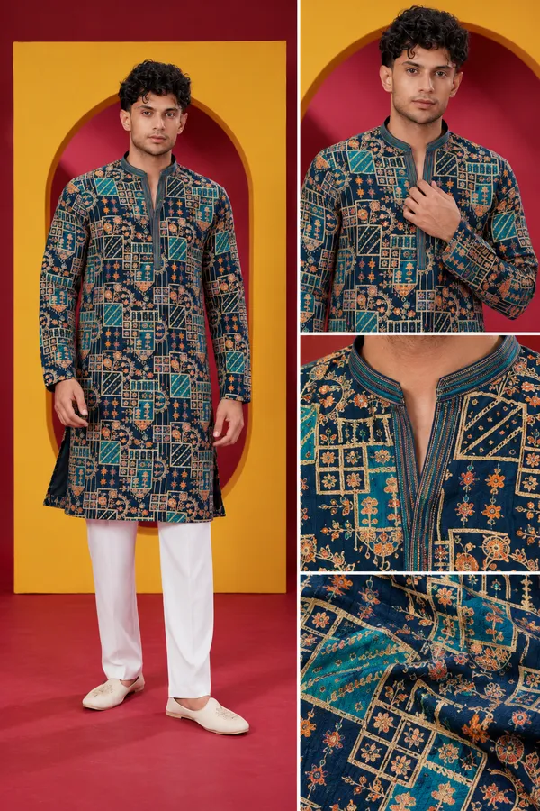 Men_S_Premium_Dark_Teal_Blue_Geometric_Printed_Kurta_Pajama_Set