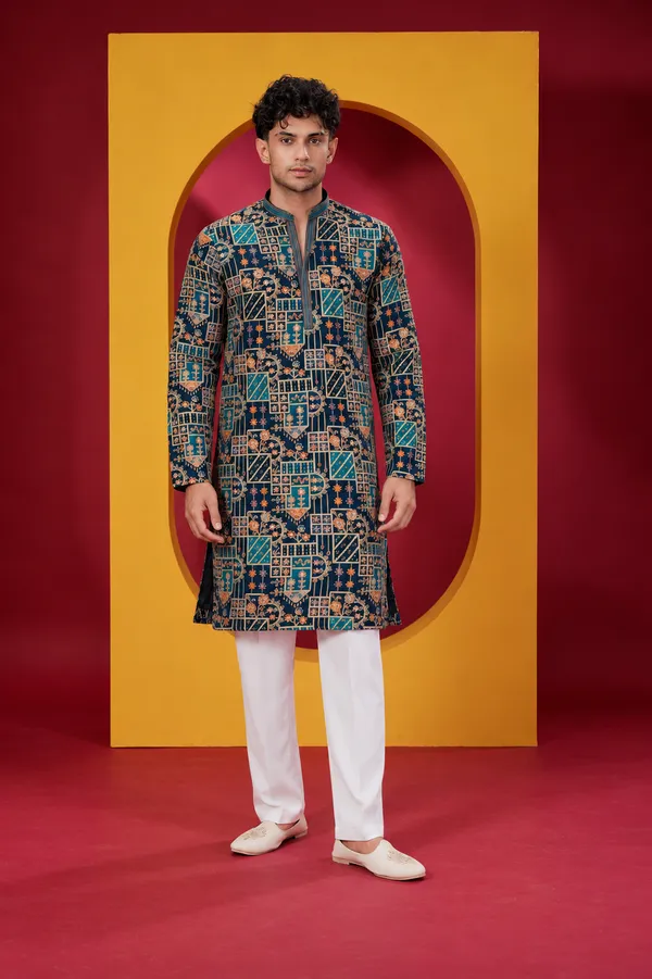 Men_S_Premium_Dark_Teal_Blue_Geometric_Printed_Kurta_Pajama_Set
