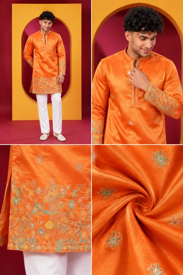 Men_S_Premium_Bright_Orange_Embroidered_Festive_Kurta_Pajama_Set