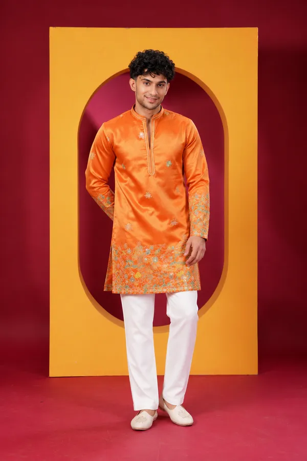 Men_S_Premium_Bright_Orange_Embroidered_Festive_Kurta_Pajama_Set