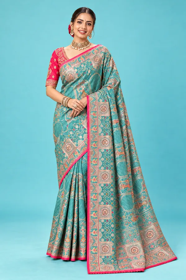 Elegant_Turquoise_Blue_Designer_Saree_With_Golden_Traditional_Motifs_Rich_Pink_Border_Turquoise_Blue