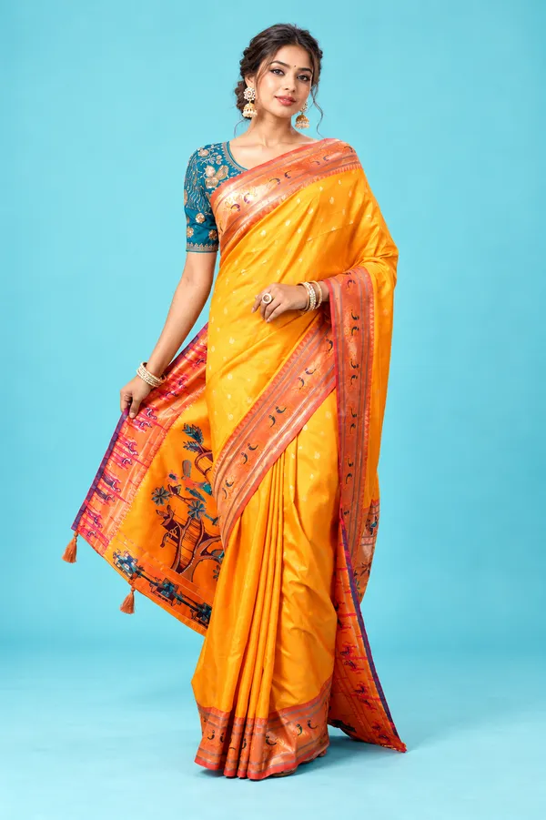 Royal_Golden_Yellow_Designer_Saree_With_Orange_Traditional_Border_Rich_Printed_Pallu_Yellow