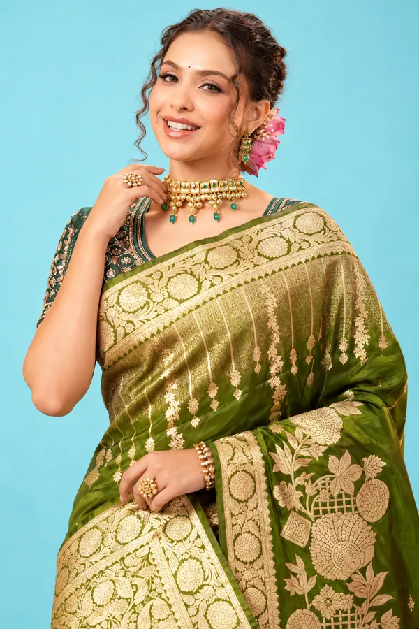 Royal_Olive_Green_Designer_Saree_With_Golden_Zari_Floral_Border_Rich_Traditional_Pallu_Olive_Green
