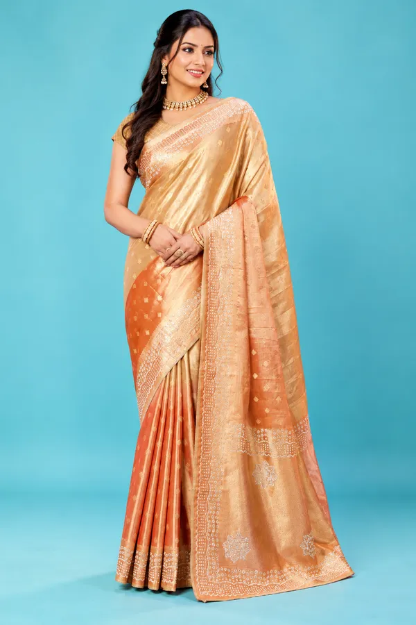 Elegant_Golden_Peach_Designer_Saree_With_Delicate_Zari_Woven_Motifs_Rich_Traditional_Pallu_Orange