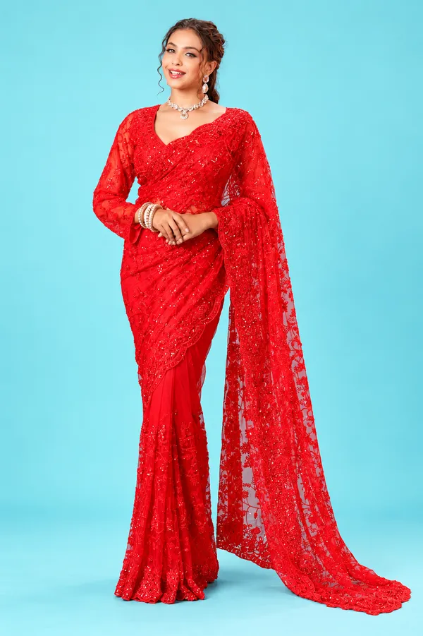 Stunning_Bridal_Red_Designer_Net_Saree_With_Heavy_Floral_Embroidery_Shimmering_Sequin_Work_Red