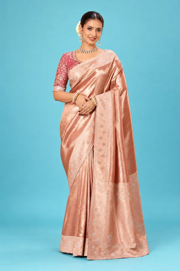 Elegant_Rose_Gold_Peach_Designer_Saree_With_Delicate_Floral_Zari_Work_Rich_Traditional_Pallu_Rose_Gold