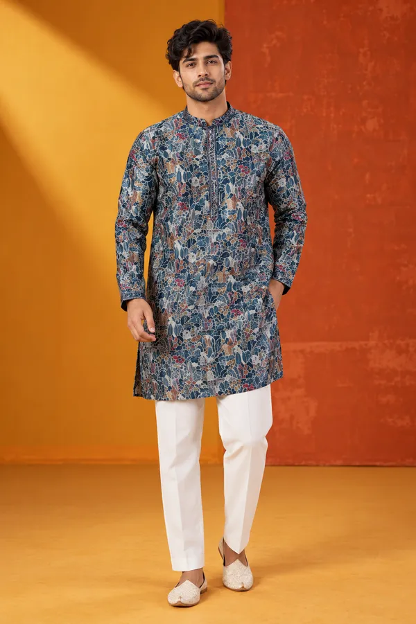 Men_S_Premium_Blue_Multicolour_Floral_Printed_Kurta_Set