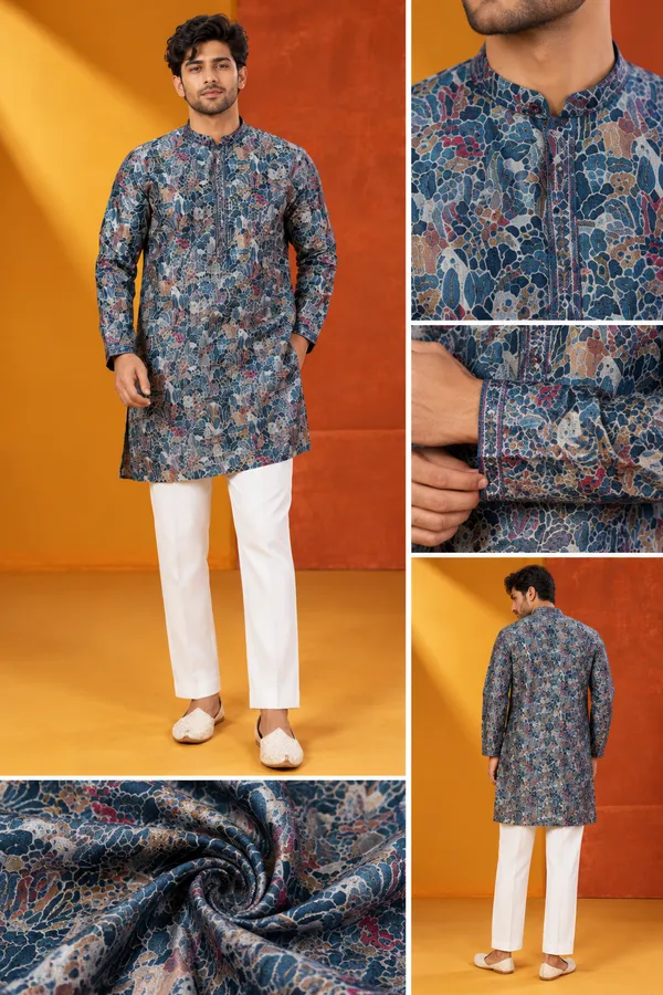 Men_S_Premium_Blue_Multicolour_Floral_Printed_Kurta_Set
