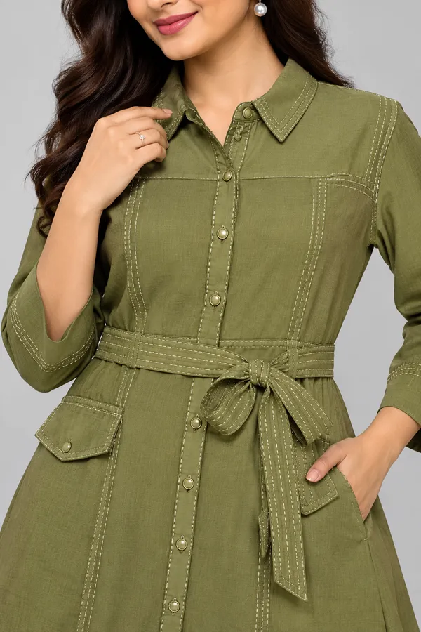 Women_S_Olive_Green_Belted_A_Line_Shirt_Dress_Mehendi_Olive