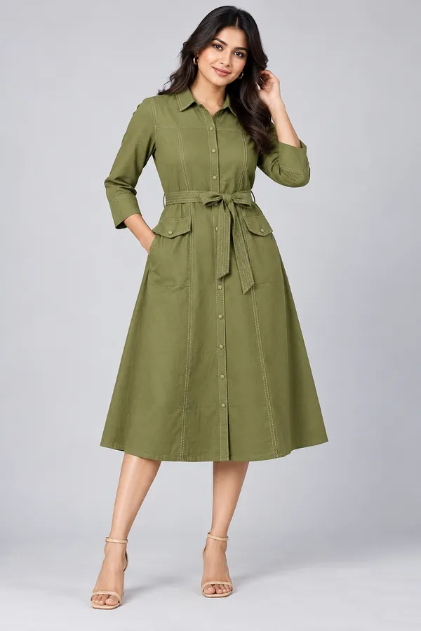 Women_S_Olive_Green_Belted_A_Line_Shirt_Dress_Mehendi_Olive