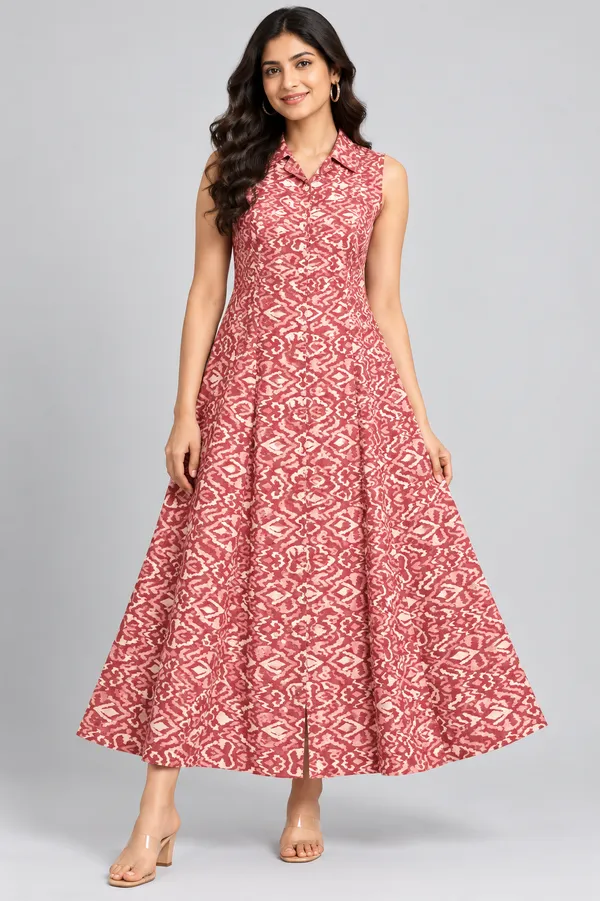 Elegant_Rose_Pink_Ikat_Print_Sleeveless_Flared_Maxi_Dress_Pink