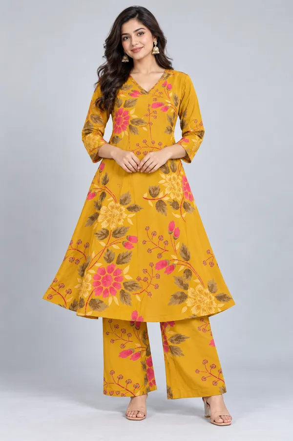 Elegant_Mustard_Yellow_Floral_Printed_Kurta_Palazzo_Set_Yellow