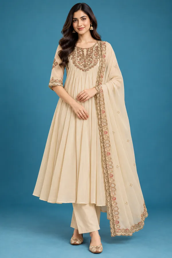 Elegant_Ivory_Embroidered_Anarkali_Kurti_Pant_Dupatta_Set_Beige