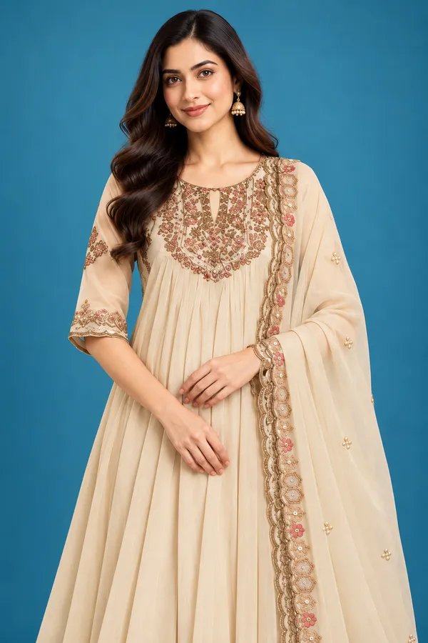 Elegant_Ivory_Embroidered_Anarkali_Kurti_Pant_Dupatta_Set_Beige