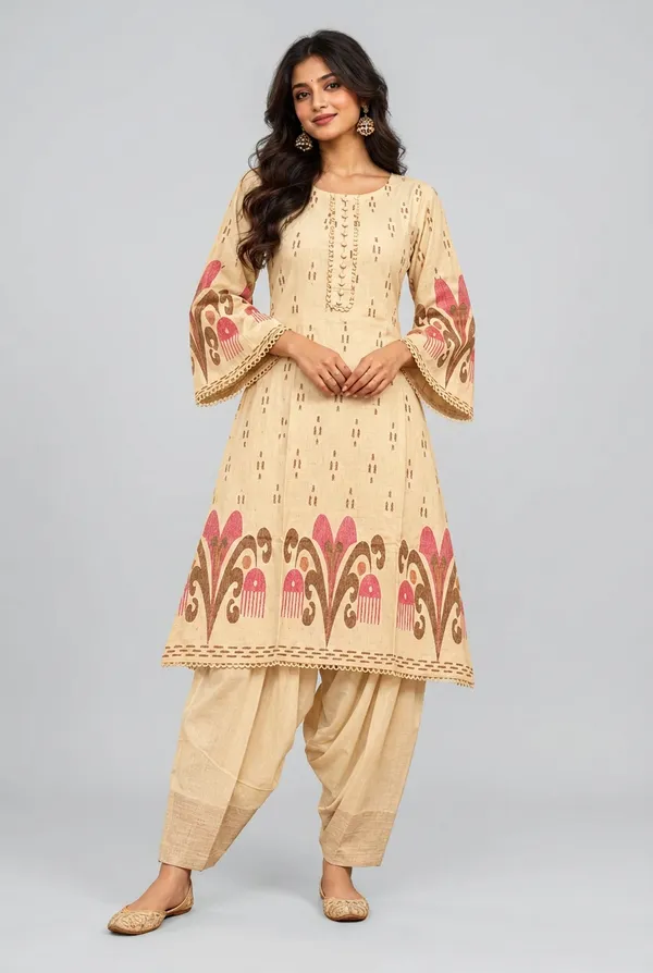 Elegant_Cream_Printed_Kurta_With_Dhoti_Pants_Set_For_Women_Ivory_Cream