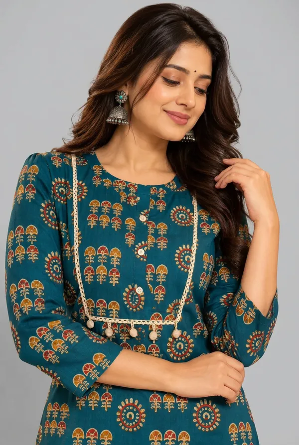 Elegant_Teal_Blue_Printed_Kurta_Pant_Co_Ord_Set_For_Women_Aqua_Teal