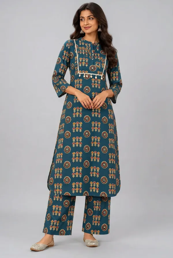 Elegant_Teal_Blue_Printed_Kurta_Pant_Co_Ord_Set_For_Women_Aqua_Teal