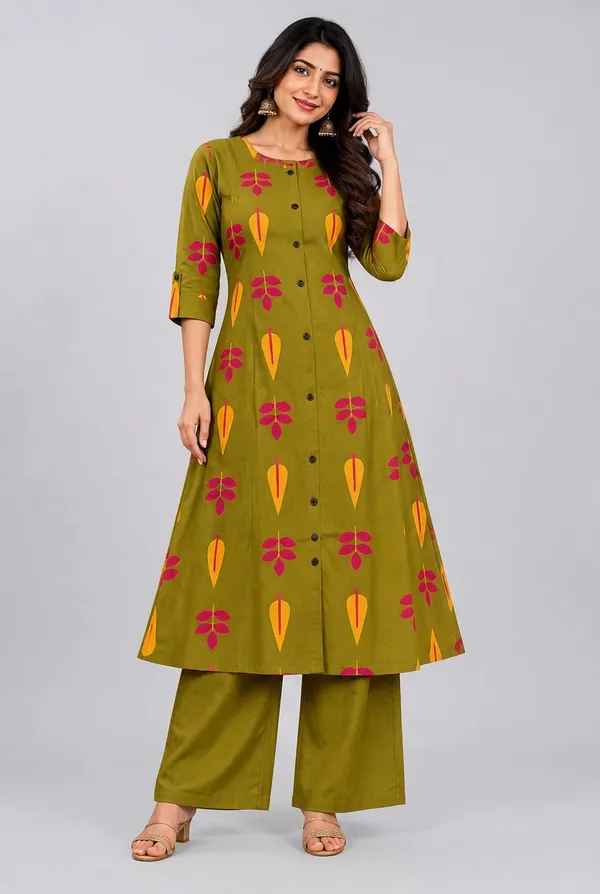 Olive_Green_Printed_A_Line_Kurta_With_Matching_Palazzo_Set_Olive_Green