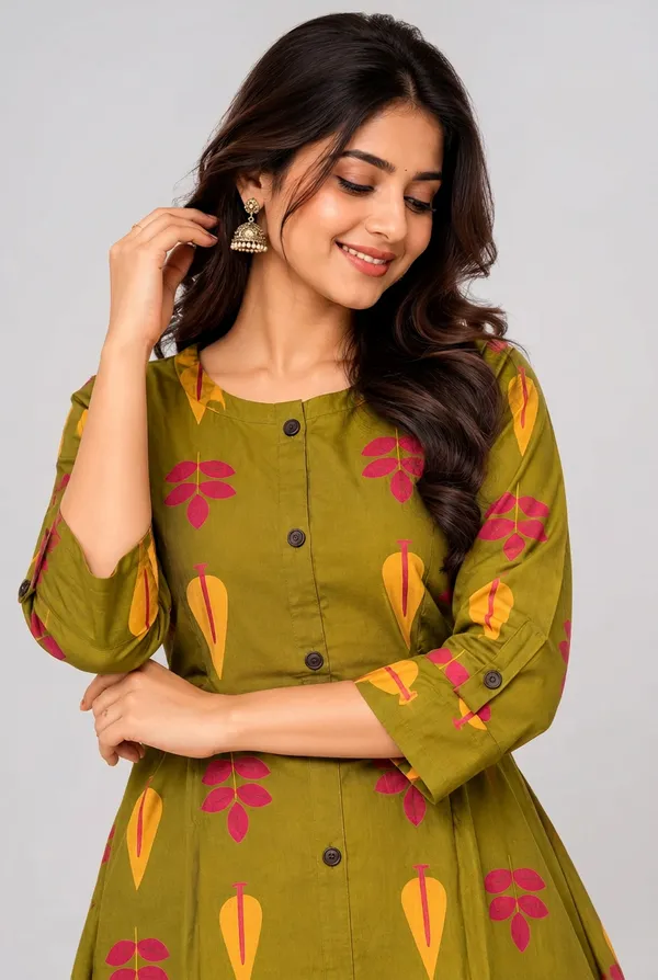 Olive_Green_Printed_A_Line_Kurta_With_Matching_Palazzo_Set_Olive_Green