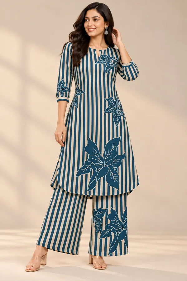 Elegant_Teal_Blue_Striped_Floral_Print_Kurta_Palazzo_Set_Deep_Teal_Blue
