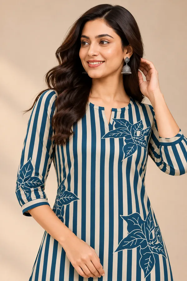 Elegant_Teal_Blue_Striped_Floral_Print_Kurta_Palazzo_Set_Deep_Teal_Blue