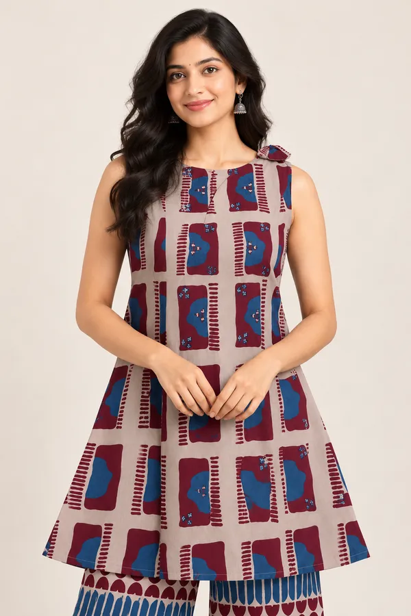 Women_S_Beige_Maroon_Blue_Printed_Sleeveless_Kurti_Palazzo_Set_Geometric