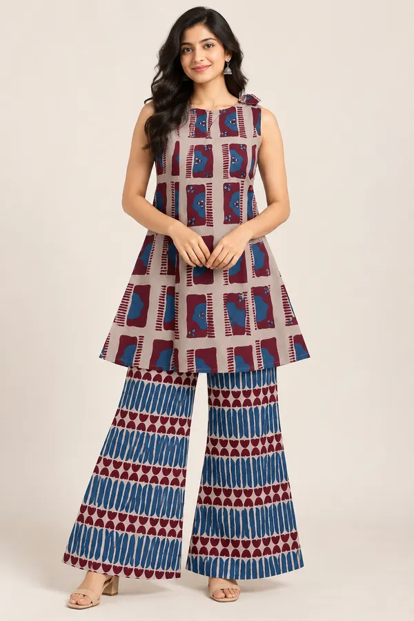 Women_S_Beige_Maroon_Blue_Printed_Sleeveless_Kurti_Palazzo_Set_Geometric