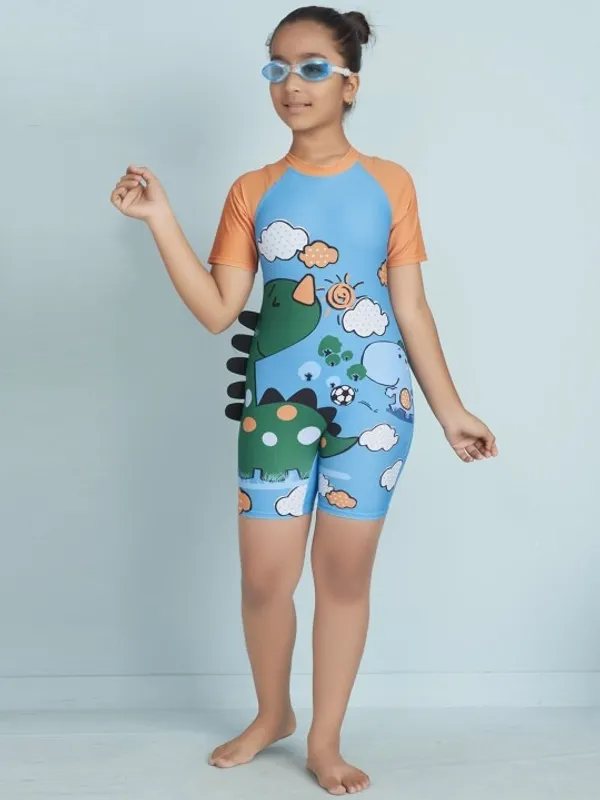 Blue_Dinosaur_Print_Short_Sleeve_Romper_For_Girls