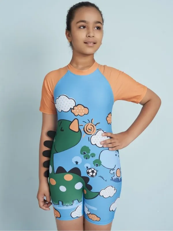 Blue_Dinosaur_Print_Short_Sleeve_Romper_For_Girls