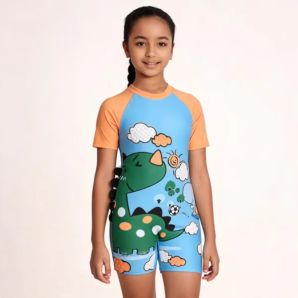 Blue_Dinosaur_Print_Short_Sleeve_Romper_For_Girls