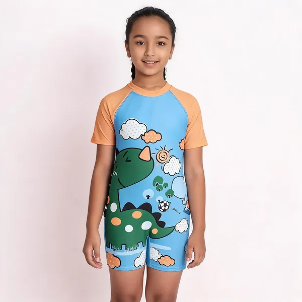 Blue_Dinosaur_Print_Short_Sleeve_Romper_For_Girls