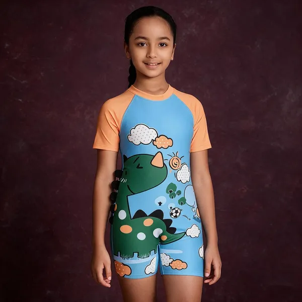 Blue_Dinosaur_Print_Short_Sleeve_Romper_For_Girls
