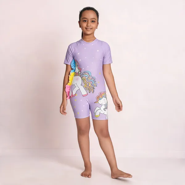 Lavender_Unicorn_Print_Short_Sleeve_Romper_For_Girls