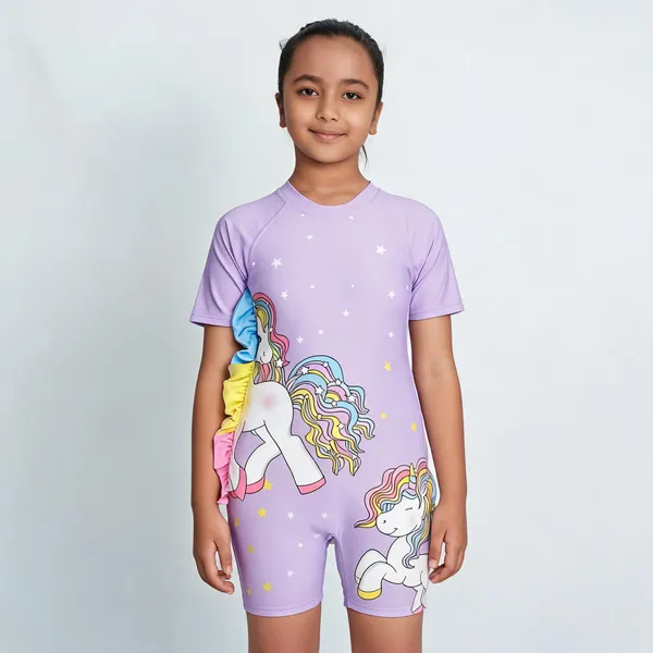 Lavender_Unicorn_Print_Short_Sleeve_Romper_For_Girls