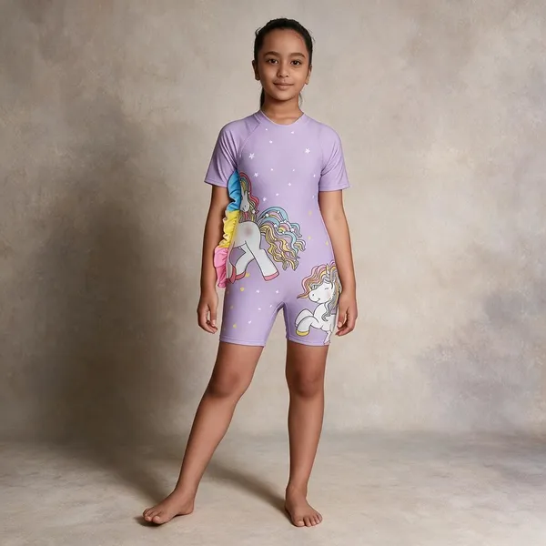 Lavender_Unicorn_Print_Short_Sleeve_Romper_For_Girls