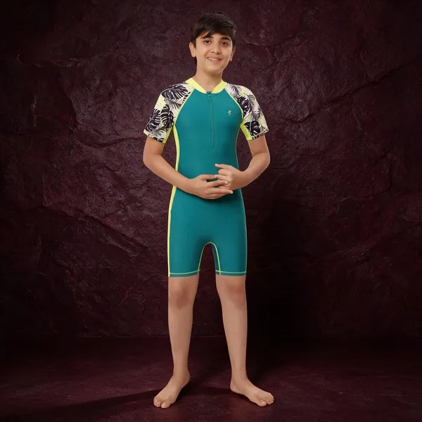 Teal_Short_Sleeve_One_Piece_Swimsuit_For_Boys